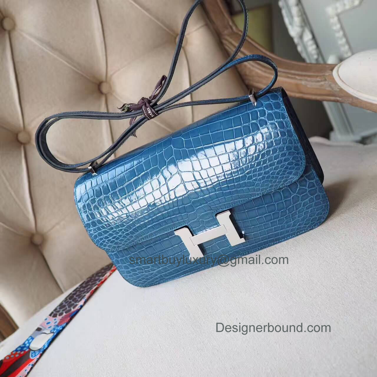 Hermes Constance Elan 25 Bag in n7 Blue Tempet Shiny Porosus Croc PHW
